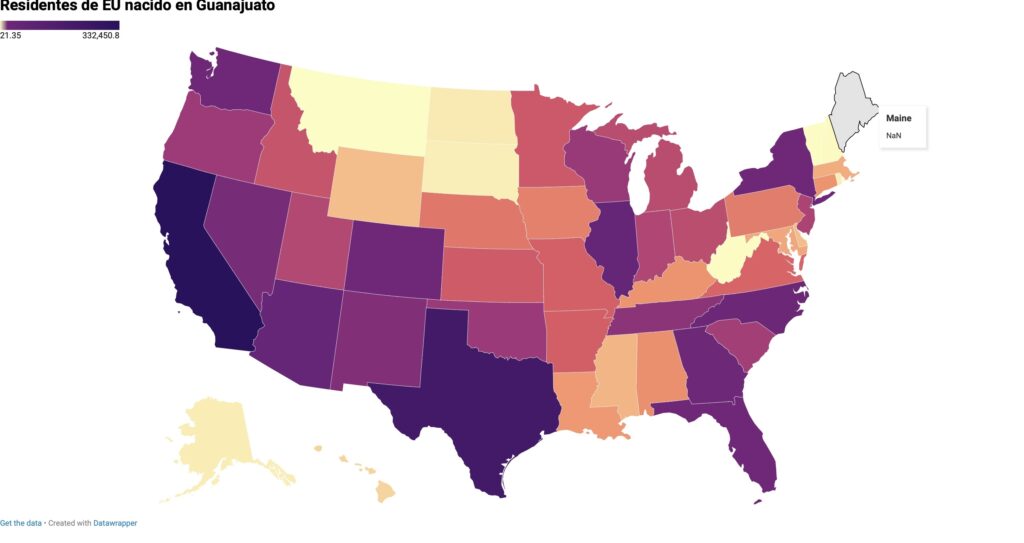 mapa informativo de "La migración de Guanajuato a Estados Unidos"